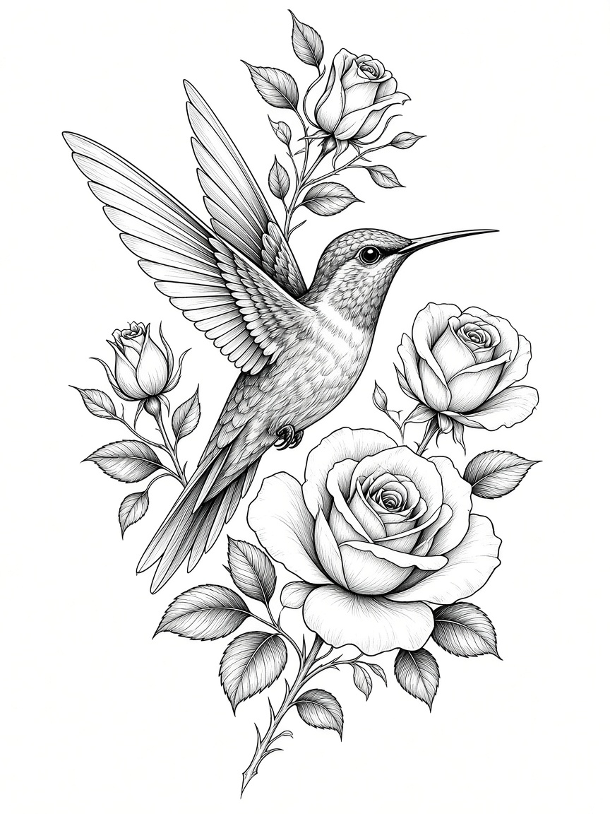 Hummingbird and roses tattoo linework