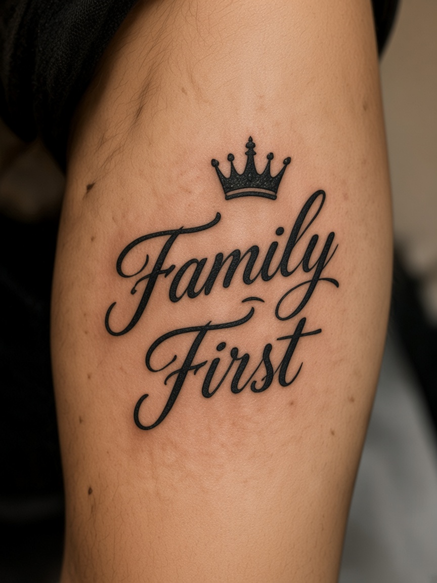 Family First script tattoo with a crown on an upper arm