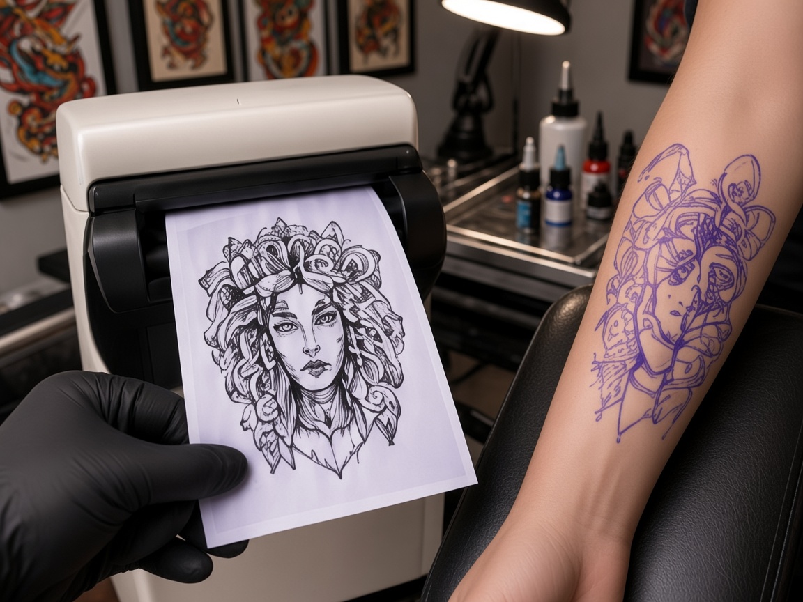 Gloved hand holding a Medusa stencil from a thermal printer beside a purple transfer on an arm