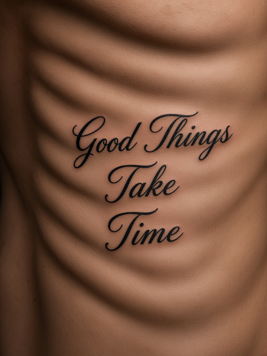 Good Things Take Time lettering on a ribcage